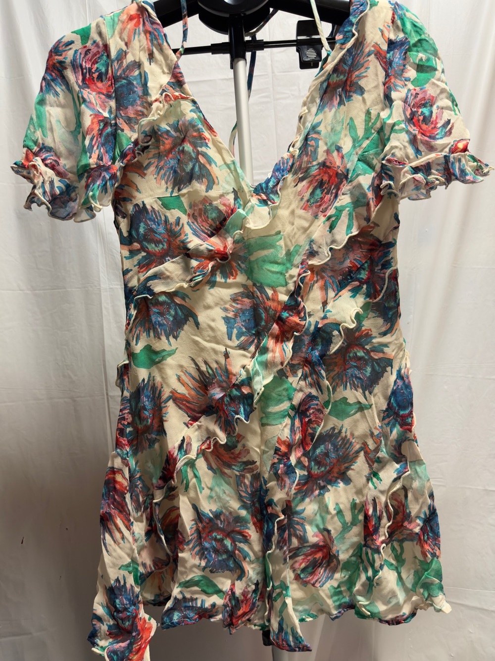 Anthropologie XS Floral Ruffle Summer Mini Dress Open Back Flutter Sleeve Boho